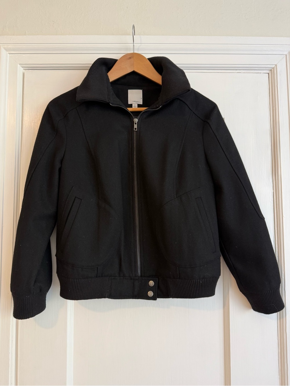 Cropped Sleeve Black Bomber Zip-Up Jacket